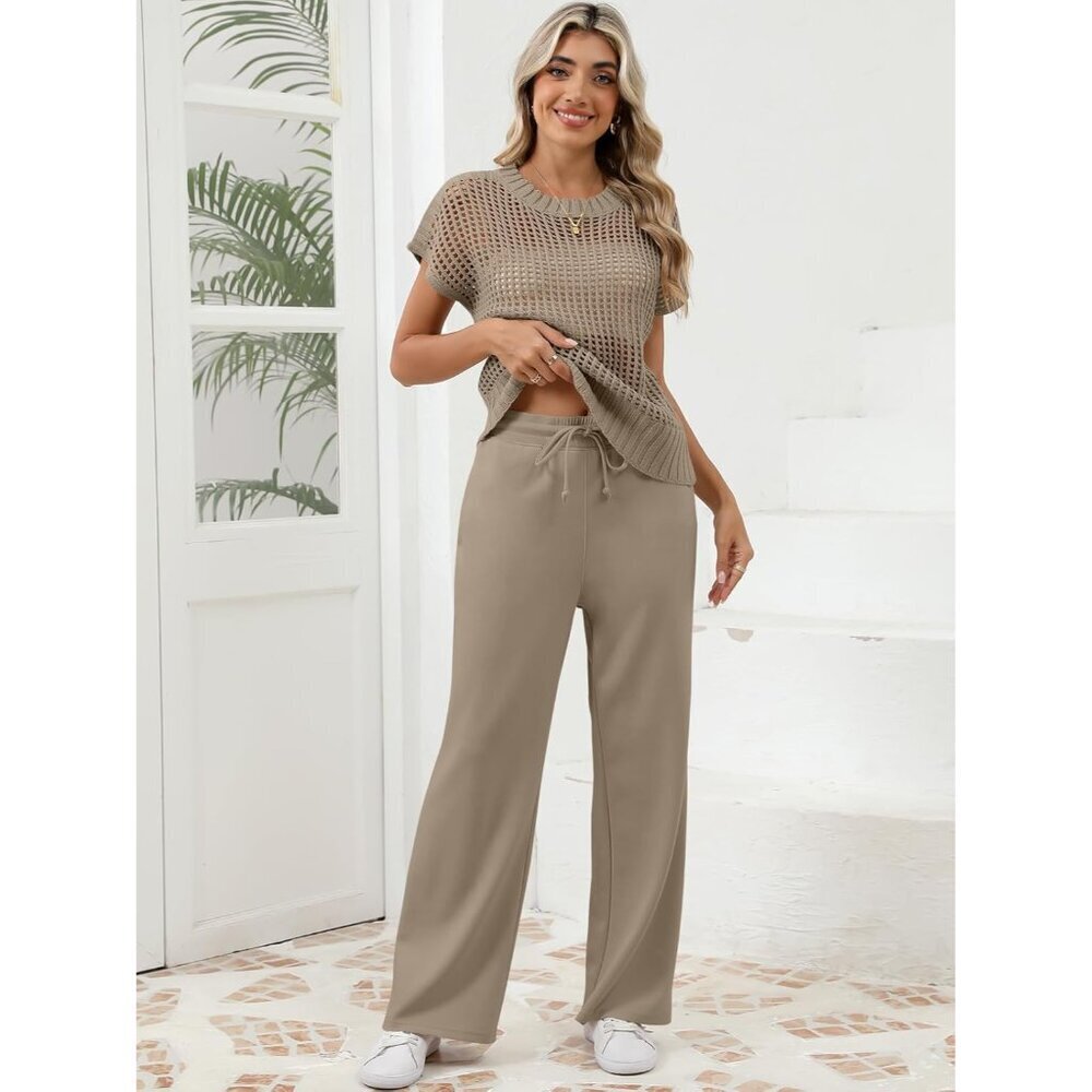 Women Crochet Sheer Knit Sweater Top Wide Leg Pants Lounge Sets Medium - Picture 5 of 7